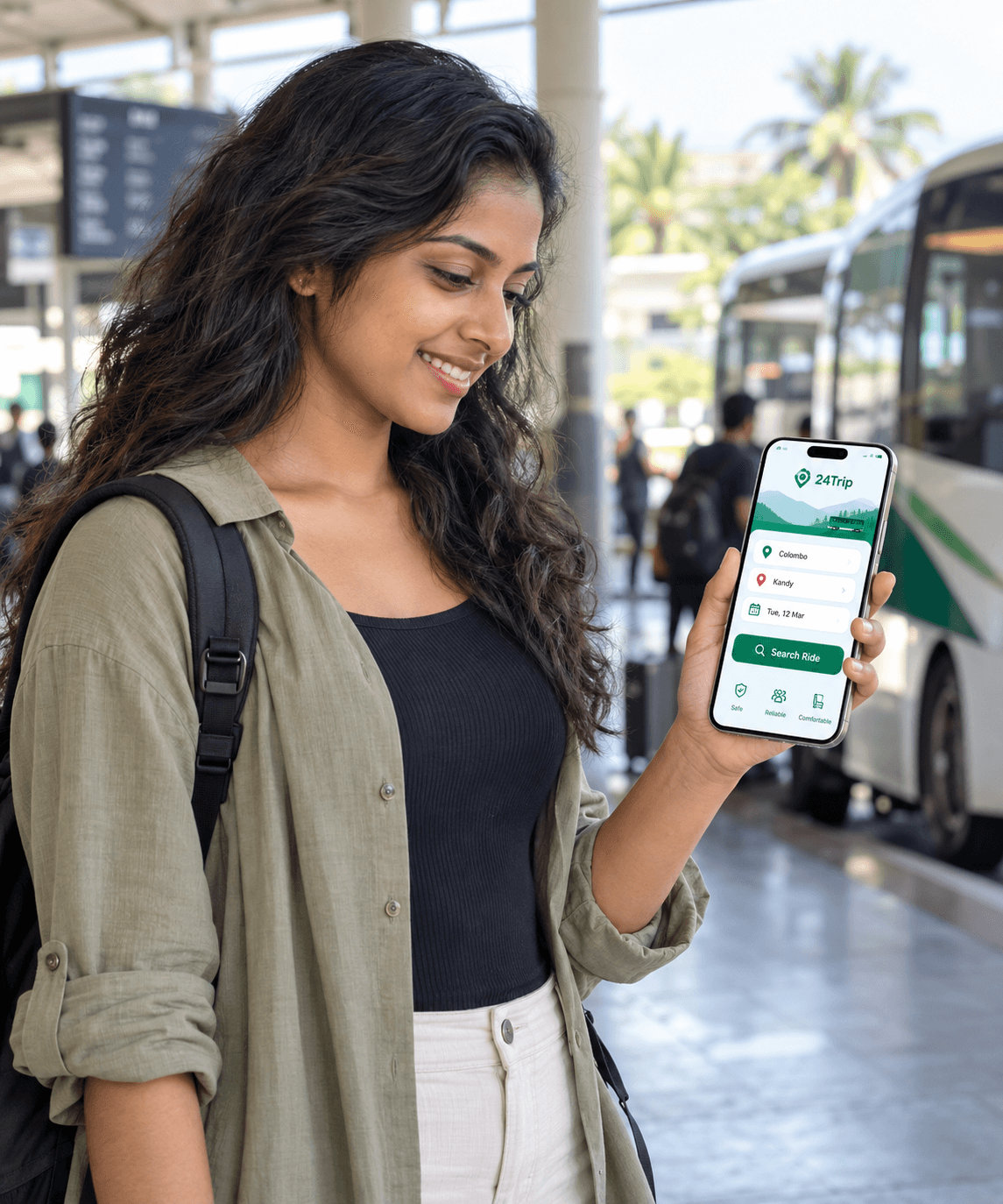Sri Lankan traveler viewing the 24Trip ride booking app on her mobile phone