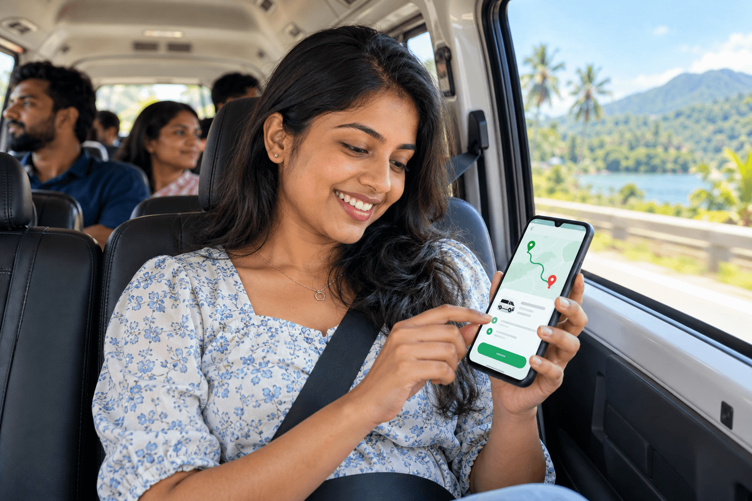 Happy Sri Lankan passengers sharing an affordable ride
